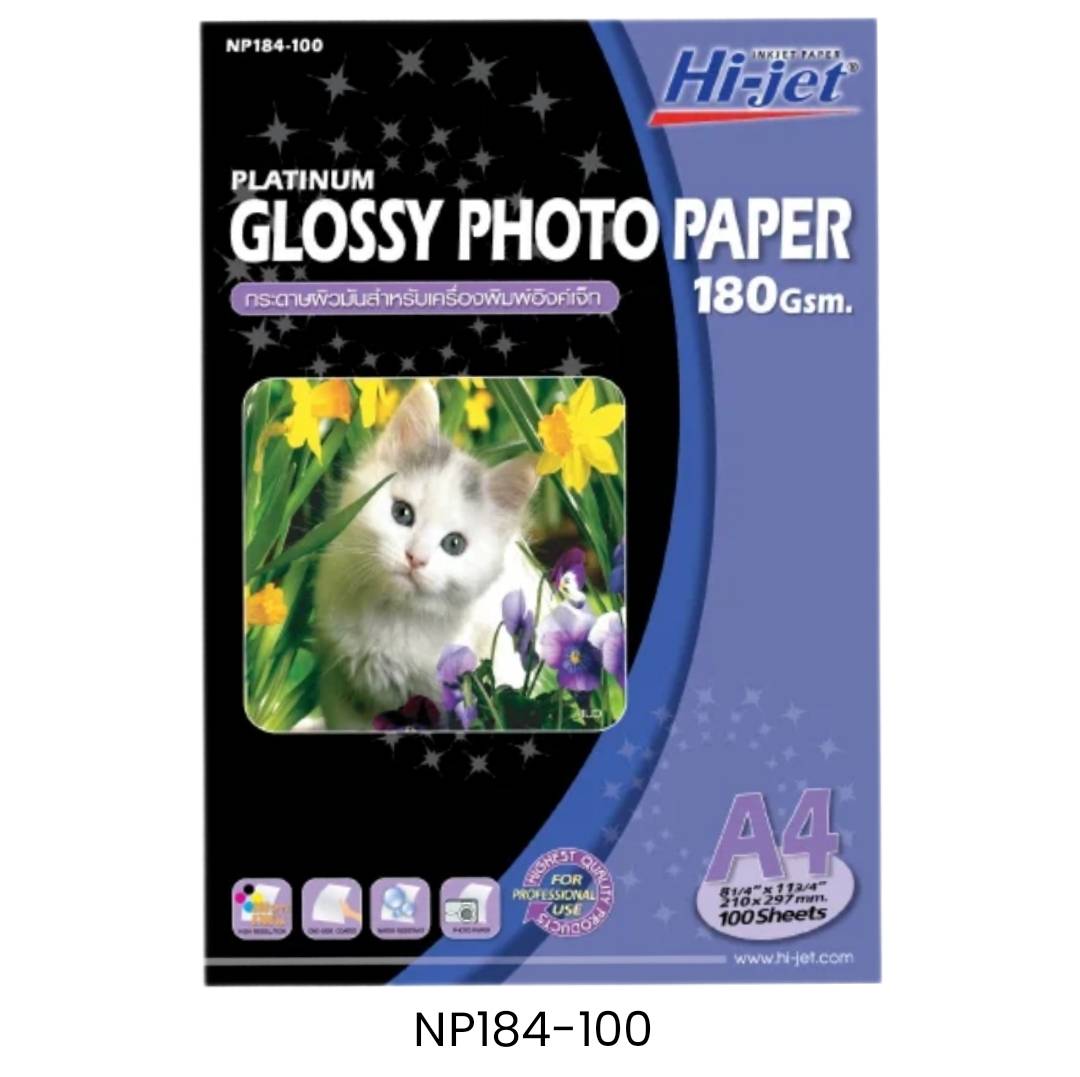 กระดาษ INK JET HI-JET <br> PHOTO GLOSSY ผิวมัน <br> NP184-100 180g A4 100แผ่น/ห่อ