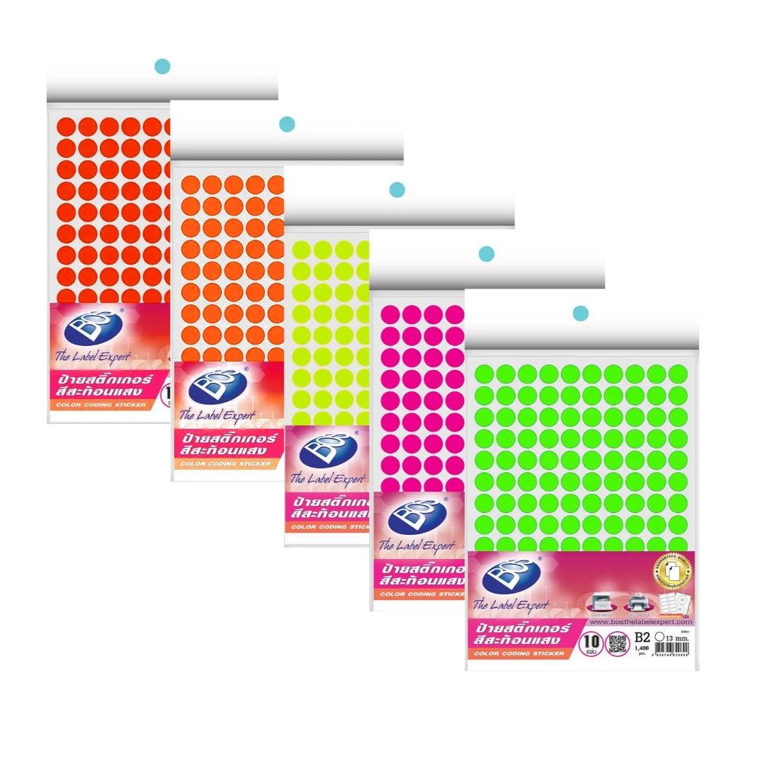 สติกเกอร์วงกลม สีสะท้อนแสง <br> BOS B2 13มม. 1,400ดวง/แพ็ค