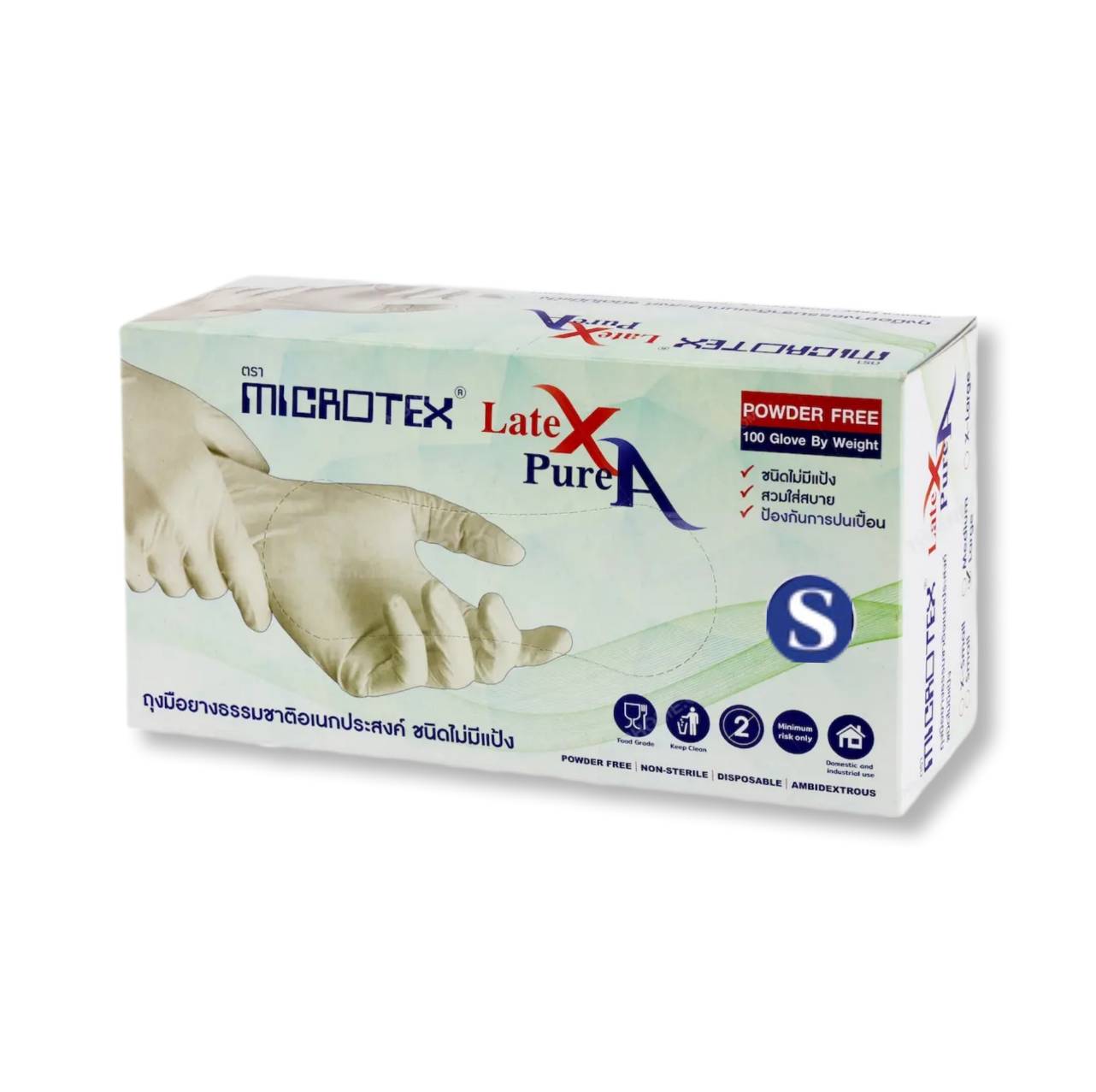 ถุงมือยางธรรมชาติ ชนิดไม่มีแป้ง <br> ไมโครเท็กซ์ Latex Pure A